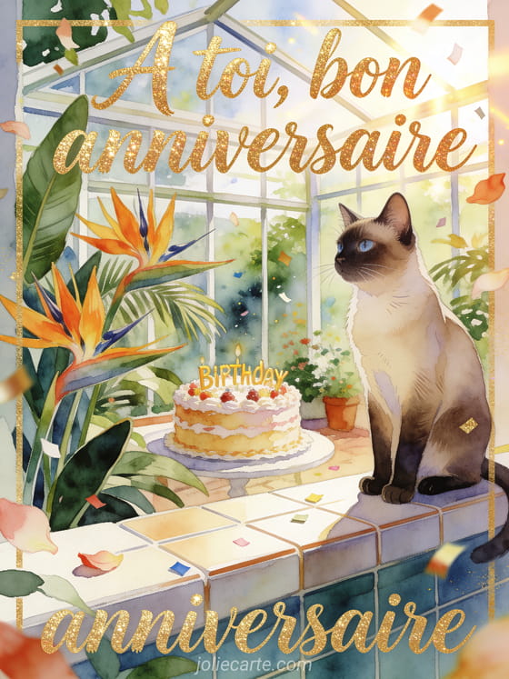 Chat siamois pres d'un gateau d'anniversaire dans une serre tropicale, texte A toi, bon anniversaire