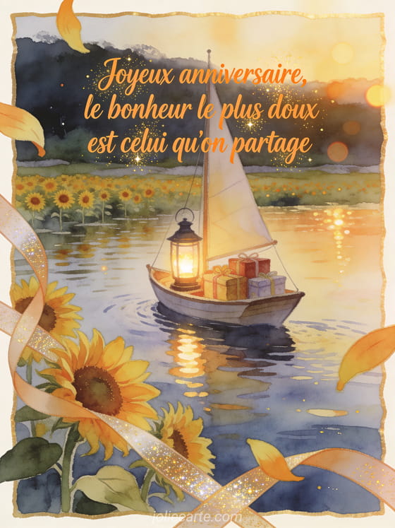 Illustration aquarelle d'un voilier lanterne chargé de cadeaux sur un lac bordé de tournesols