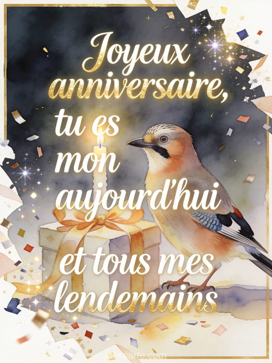Oiseau geai des chênes près d'un cadeau emballé, bougie et confettis, texte Joyeux anniversaire, tu es mon aujourd'hui