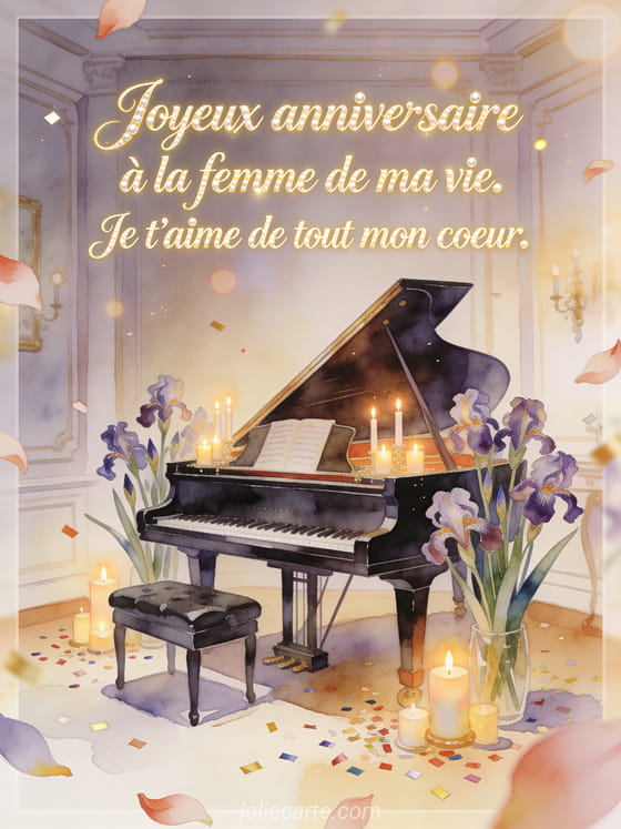 Illustration aquarelle d'un grand piano entouré d'iris, de bougies et de confettis d'anniversaire.