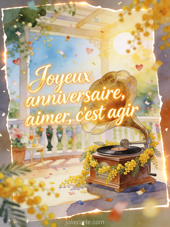 Illustration aquarelle d'un gramophone vintage entouré de mimosa sur une véranda festive