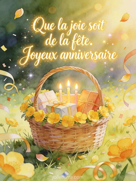 Illustration aquarelle de renoncules autour d'un panier de pique-nique avec cadeaux et bougies d'anniversaire dans une prairie.