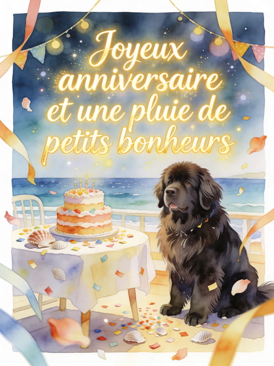 Illustration aquarelle d'un chien terre-neuve pres d'une table d'anniversaire en bord de mer avec gateau et guirlandes.