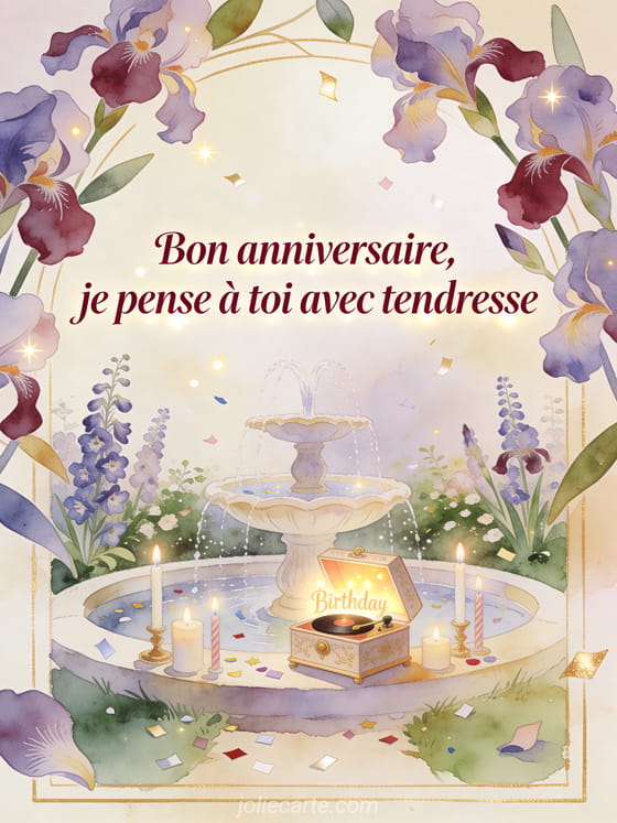 Boite a musique et bougies dans un jardin de delphiniums, texte Bon anniversaire, je pense a toi avec tendresse