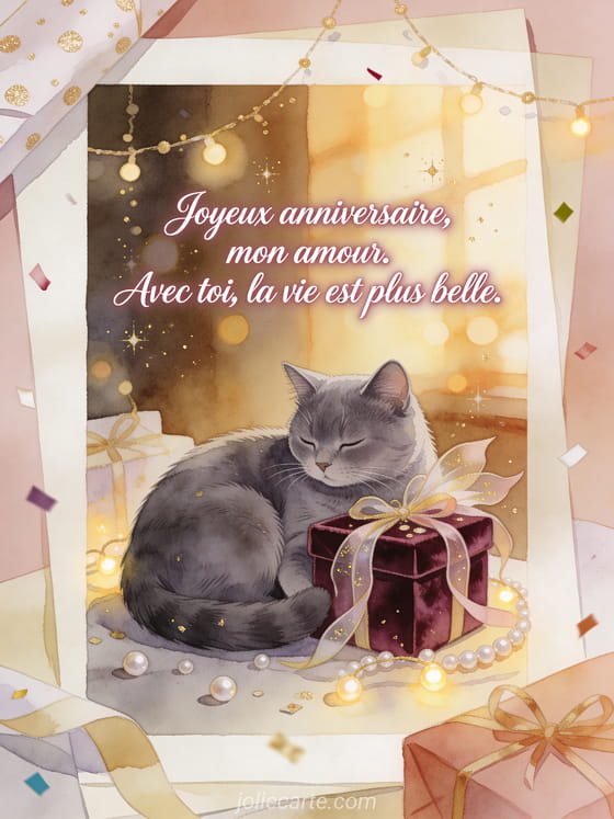Illustration aquarelle d'un chat chartreux près d'un coffret cadeau en velours avec rubans, guirlandes et confettis.