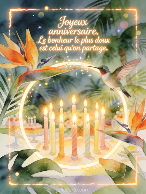 Carte illustree aquarelle avec oiseau colibri, fleurs oiseau de paradis et cercle de bougies d'anniversaire