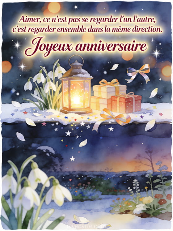 Illustration aquarelle d'une lanterne parmi perce-neige, cadeaux et rubans dans un jardin au crépuscule