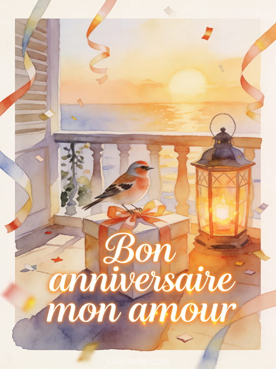 Oiseau linotte sur cadeau rubané près d'une lanterne d'anniversaire avec texte Bon anniversaire mon amour