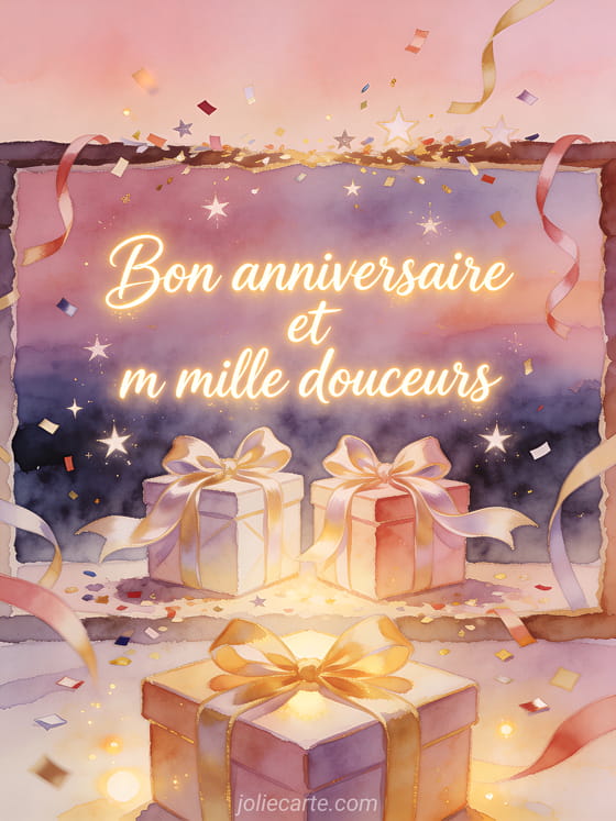 Calligraphie lumineuse avec deux cadeaux emballés, noeuds en satin et étoiles flottantes, style aquarelle