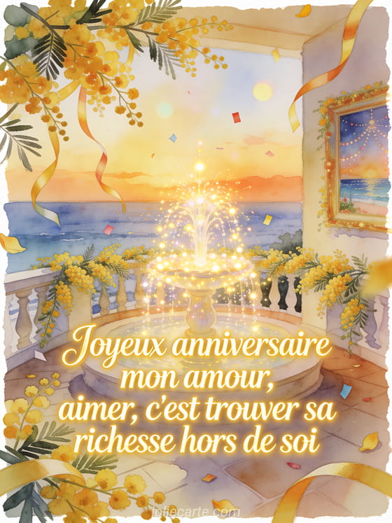 Illustration aquarelle d'une terrasse en bord de mer au mimosa avec fontaine lumineuse et long texte d'anniversaire