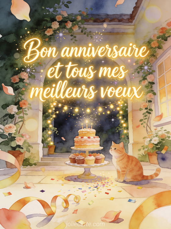 Illustration aquarelle d'un chat roux pres d'un presentoir a cupcakes et de guirlandes lumineuses dans une cour fleurie.