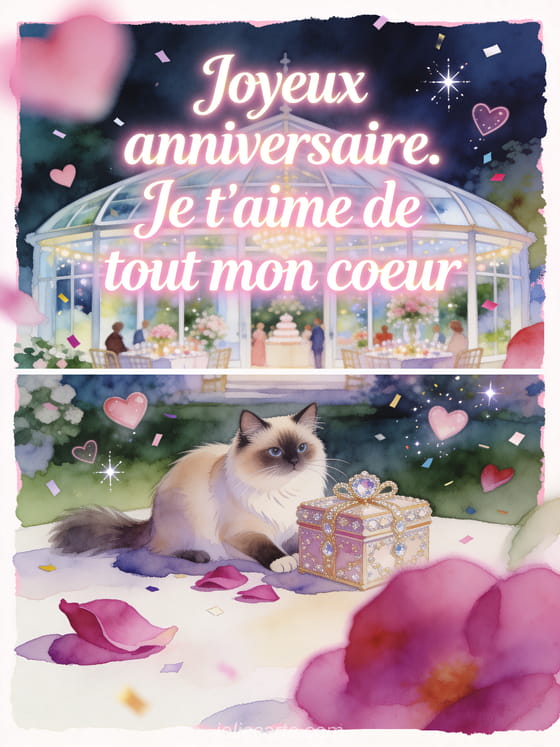 Illustration aquarelle d'un chat birman près d'un coffret cadeau et de fuchsias dans une serre lumineuse