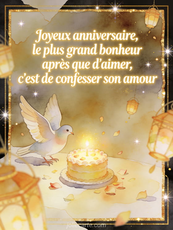 Oiseau tourterelle près d'un petit gâteau avec pétales et lanternes, texte Joyeux anniversaire et déclaration d'amour