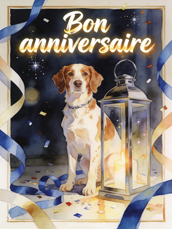 Illustration aquarelle d'un chien épagneul breton près d'une lanterne avec rubans bleus et confettis d'anniversaire.