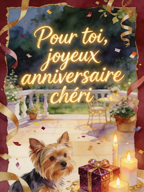 Calligraphie lumineuse avec chien yorkshire terrier près d'un cadeau et de bougies brillantes, style aquarelle