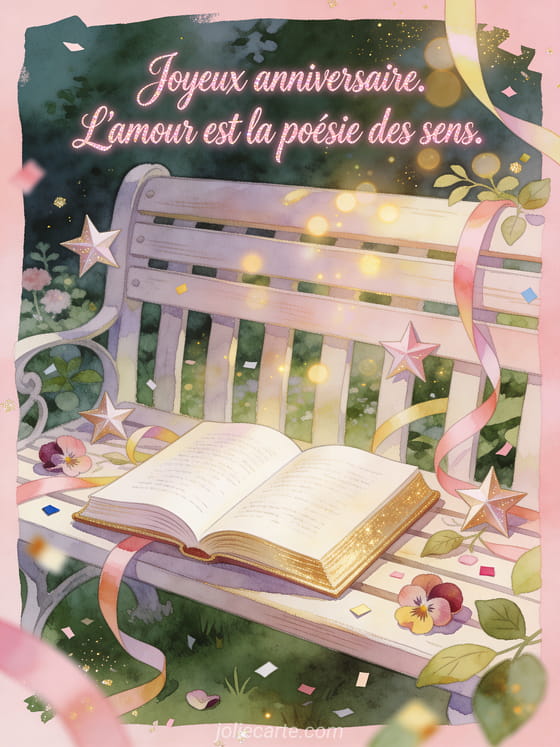 Livre doré ouvert sur banc de jardin avec étoiles, rubans et texte Joyeux anniversaire. L'amour est la poésie des sens.