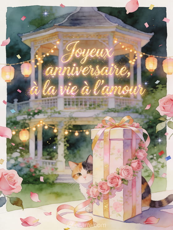 Illustration aquarelle d'un chat tricolore près d'un grand cadeau entouré de roses roses et de rubans