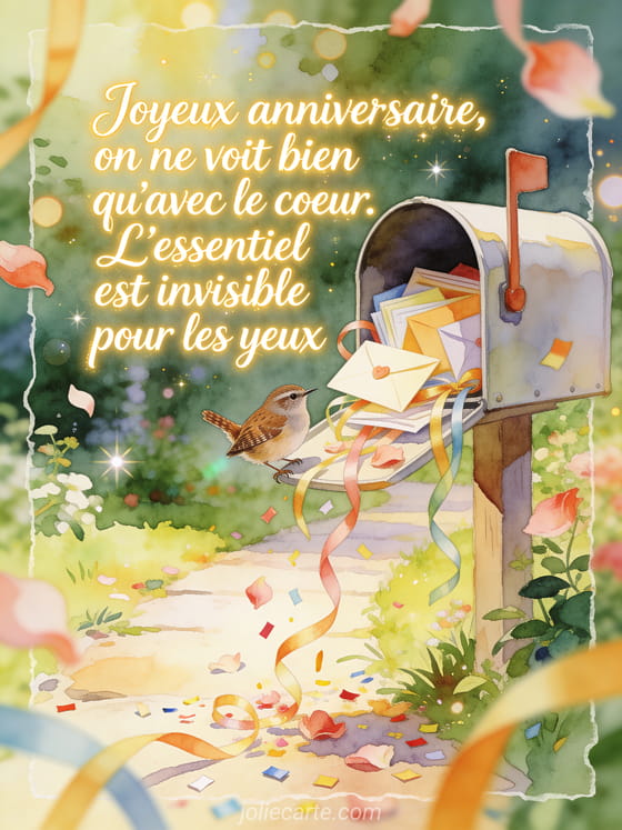 Illustration aquarelle d'un oiseau troglodyte mignon pres d'une boite aux lettres remplie d'enveloppes sur un chemin de jardin.