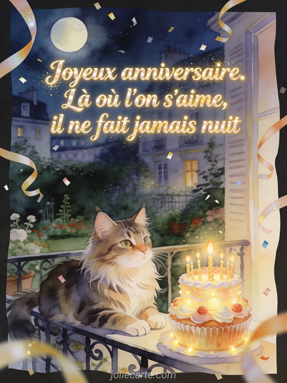 Illustration aquarelle d'un chat maine coon sur un balcon nocturne près d'une tour de cupcakes d'anniversaire.