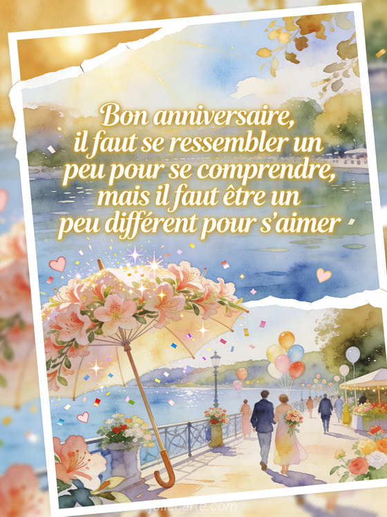 Illustration aquarelle d'une ombrelle couverte d'azalées au bord d'un lac pour un anniversaire