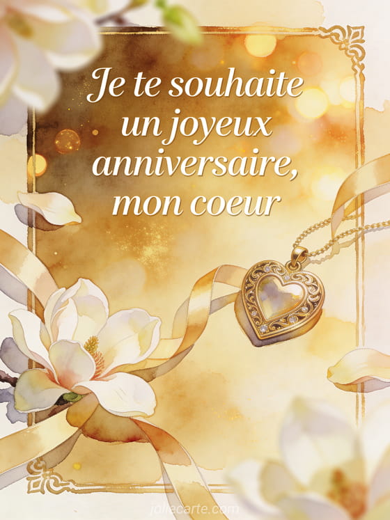 Carte illustree aquarelle avec medaillon en forme de coeur, rubans d'anniversaire et petales de magnolia