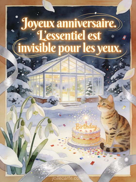 Chat bengal pres d'un gateau d'anniversaire dans une serre d'hiver avec perce-neige, texte Joyeux anniversaire