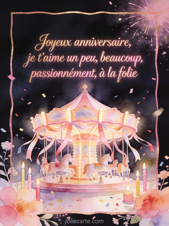 Carrousel lumineux avec rubans, bougies, confettis et fleurs, texte Joyeux anniversaire, je t'aime à la folie