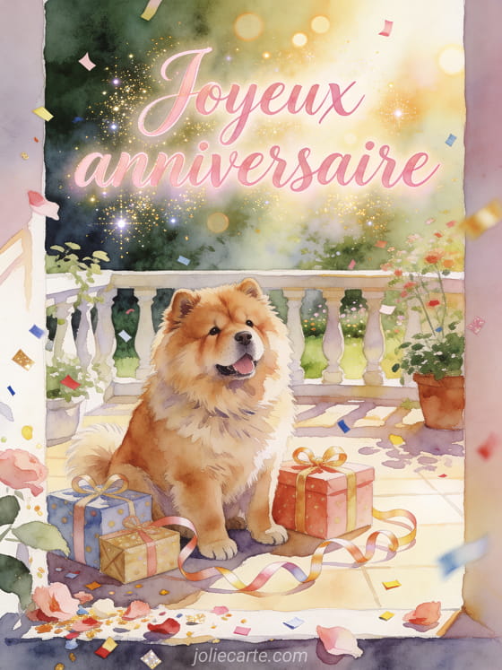 Calligraphie lumineuse avec chien chow chow près de cadeaux et rubans sur une terrasse de jardin, style aquarelle