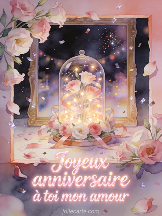 Illustration aquarelle de lisianthus autour d'une cloche en verre lumineuse avec texte Joyeux anniversaire à toi mon amour