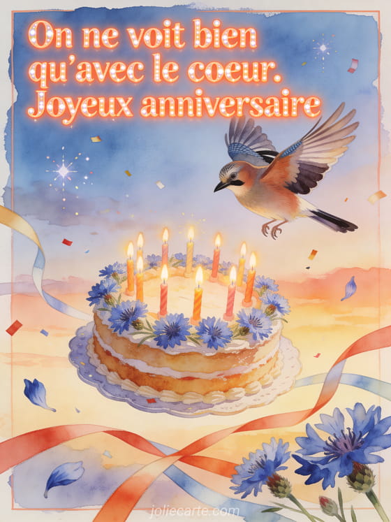 Illustration aquarelle d'un oiseau geai eurasien au-dessus d'un gâteau entouré de bleuets et de bougies