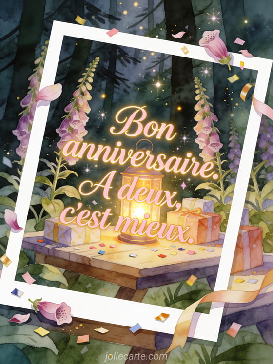 Table de bois avec lanterne et cadeaux parmi des digitales, texte Bon anniversaire. A deux, c'est mieux.