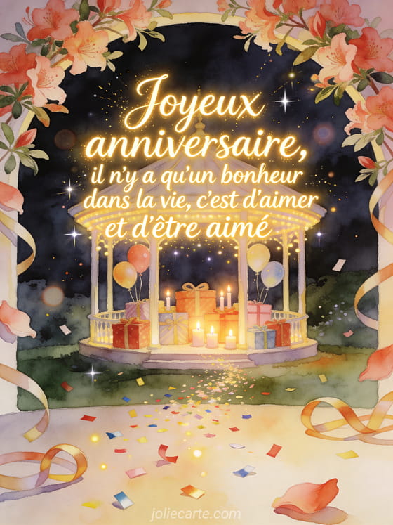 Illustration aquarelle d'une arche d'azalees autour d'un pavillon rempli de cadeaux, ballons et bougies.