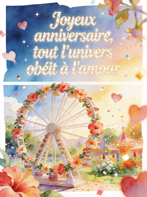 Illustration aquarelle d'une grande roue ornée d'hibiscus dans un jardin festif