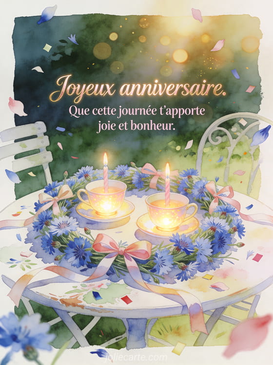 Lettrage lumineux entouré de bleuets, deux tasses, bougies et rubans sur une table de jardin, style aquarelle