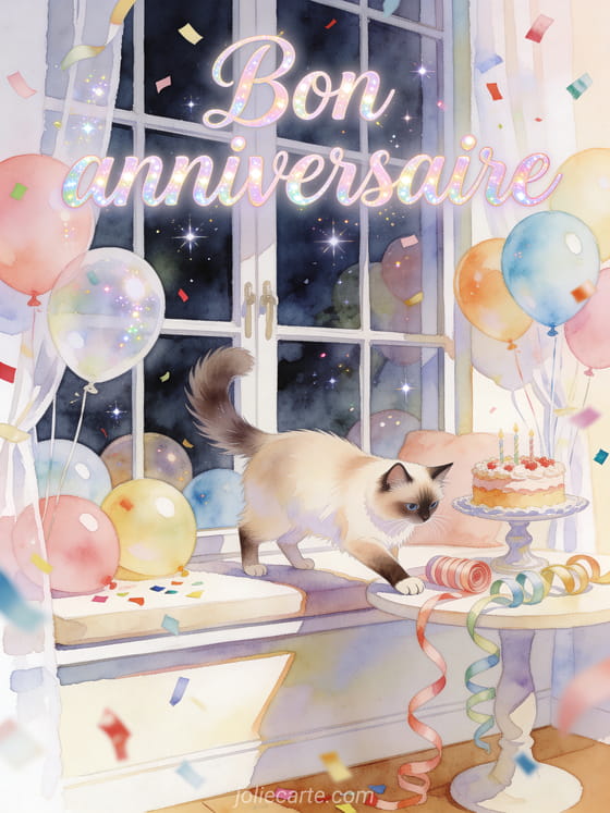 Calligraphie lumineuse avec chat birman, ballons et présentoir à gâteau sur un rebord de fenêtre, style aquarelle