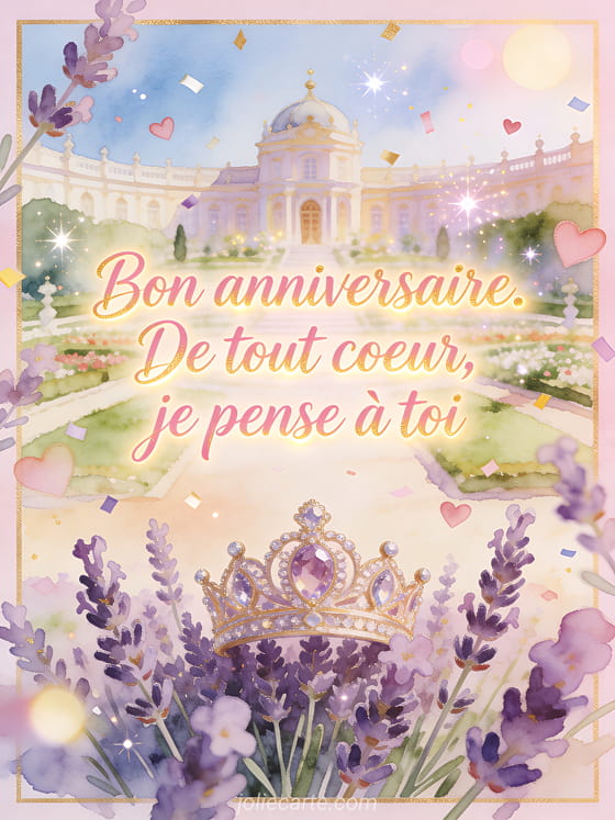 Illustration aquarelle d'une couronne précieuse posée dans la lavande d'un jardin de palais