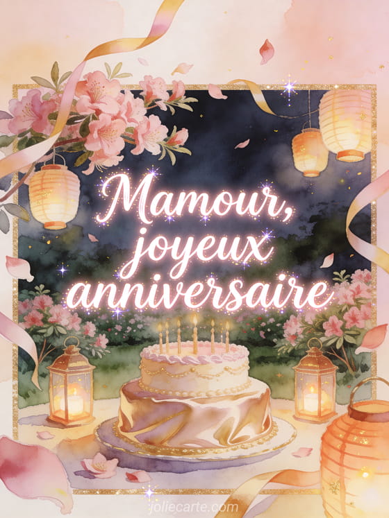 Jardin d'azalées avec lanternes flottantes, gâteau d'anniversaire et texte Mamour, joyeux anniversaire