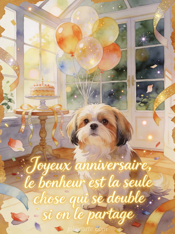 Illustration aquarelle d'un chien shih tzu dans une veranda avec ballons, presentoir a gateau et rubans.