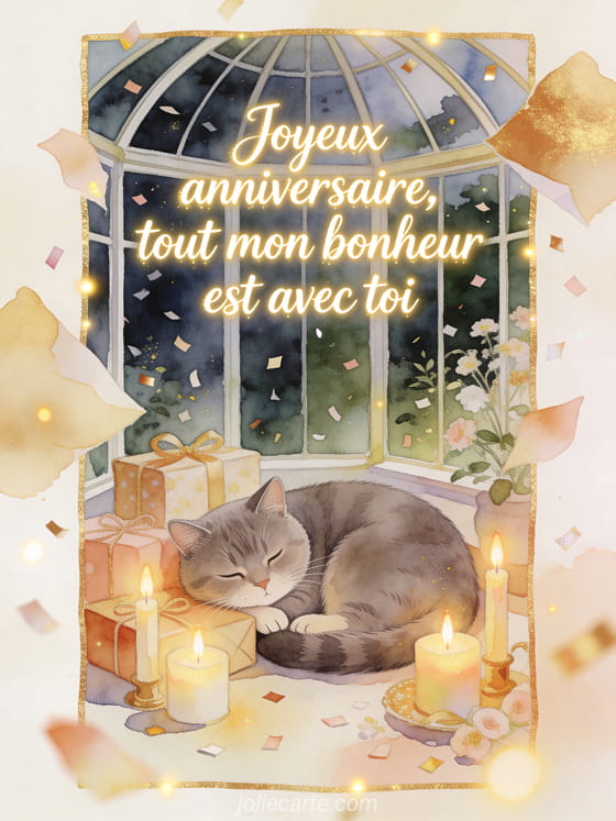 Chat british shorthair près de cadeaux, bougies et confettis dans une véranda, texte Joyeux anniversaire, tout mon bonheur est avec toi