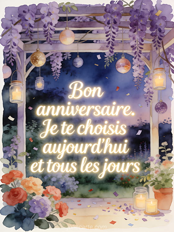 Illustration aquarelle d'une pergola de lilas avec boules décoratives, photophores et confettis d'anniversaire.