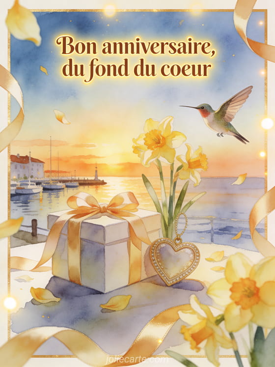 Cadeau rubanne et coeur pres d'un port au lever du jour avec un oiseau colibri, texte Bon anniversaire, du fond du coeur