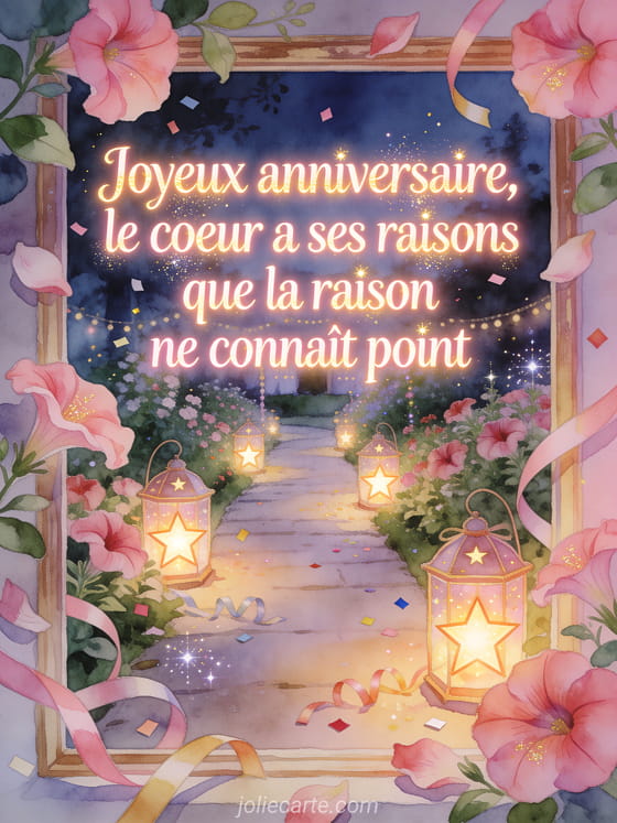 Illustration aquarelle d'un chemin de jardin aux pétunias avec lanternes étoilées et long texte d'anniversaire