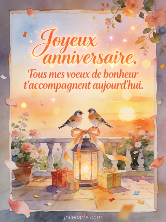 Lettrage lumineux avec deux oiseaux pinsons sur une lanterne au-dessus de cadeaux, style aquarelle