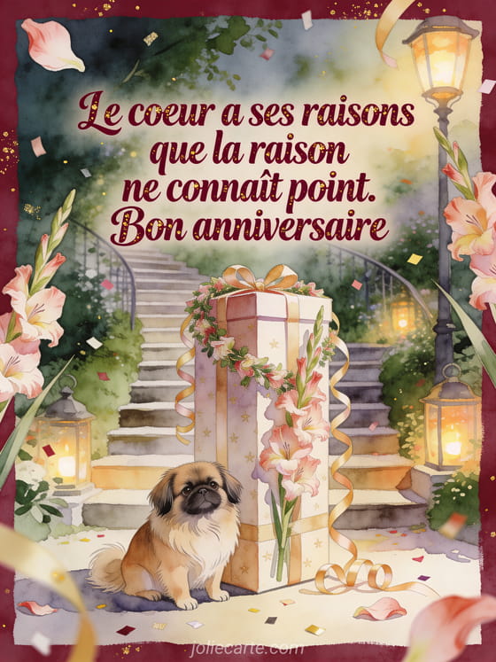 Illustration aquarelle d'un chien pékinois près d'un grand cadeau entouré de glaïeuls
