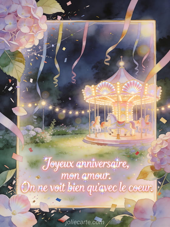 Carrousel lumineux sur place de jardin avec hortensias, rubans et texte Joyeux anniversaire, mon amour