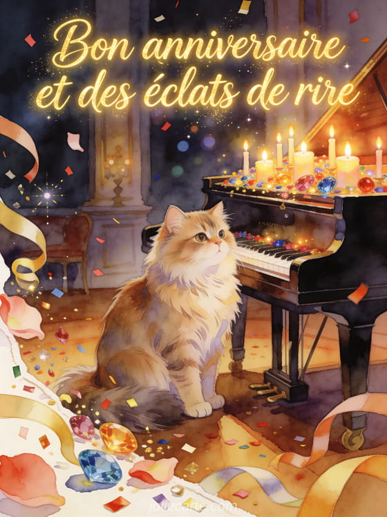 Illustration aquarelle d'un chat persan pres d'un grand piano avec bougies et confettis dans un salon festif.