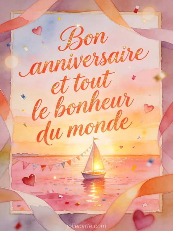 Illustration aquarelle d'un voilier lumineux sur un lac rosé avec fanions, coeurs et confettis d'anniversaire.