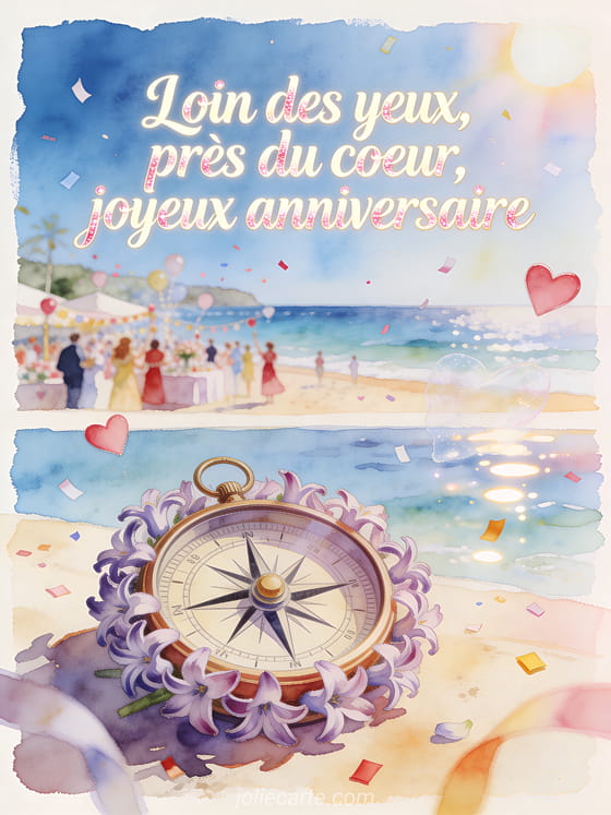 Illustration aquarelle d'une boussole entourée de jacinthes au bord de la mer pour un anniversaire