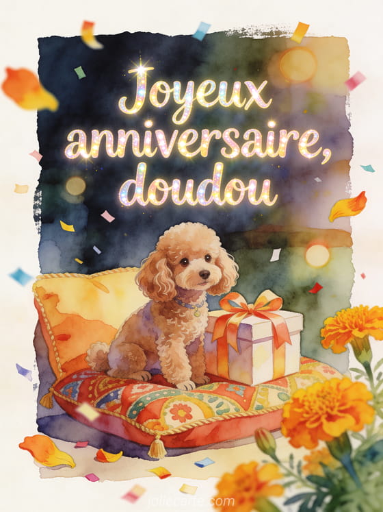 Carte illustree aquarelle avec chien caniche, boite cadeau rubanee, coussin festif, petales de souci et confettis