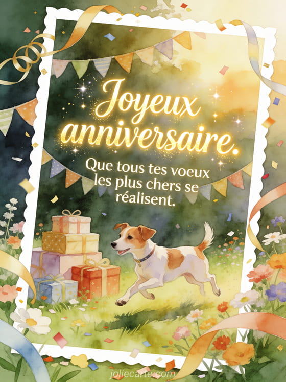 Lettrage lumineux avec chien jack russell, cadeaux empilés et prairie fleurie, style aquarelle